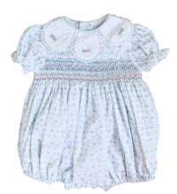 Load image into Gallery viewer, {Sutherby Girls} Signature Petal Collar Smocked Romper - Teacup Floral
