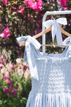 Load image into Gallery viewer, {Sutherby Girls} Smocked Dress ~ 'Bridie' ~ Embroidered Blue Bow Trellis