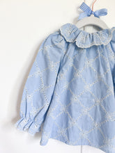 Load image into Gallery viewer, {Sutherby Girls} Embroidered Blue Trellis Bow 2pc Blouse & Bloomer Set