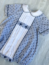 Load image into Gallery viewer, The Pleated Romper ~ Navy Striped Swiss Dot