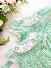 Load image into Gallery viewer, {Sutherby Girls} Signature Smocked Romper ~ Peppermint Green Striped & Candy Pink