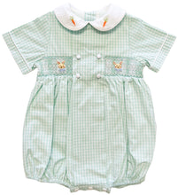 Load image into Gallery viewer, {Sutherby Boys} Signature Smocked Romper - Mint Plaid w/ Bunnies & Heirloom Carrots