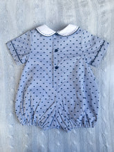 Load image into Gallery viewer, The Pleated Romper ~ Navy Striped Swiss Dot