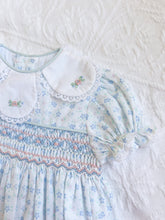 Load image into Gallery viewer, {Sutherby Girls} Signature Petal Collar Smocked Romper - Teacup Floral