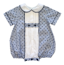 Load image into Gallery viewer, The Pleated Romper ~ Navy Striped Swiss Dot
