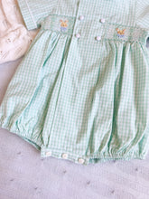 Load image into Gallery viewer, {Sutherby Boys} Signature Smocked Romper - Mint Plaid w/ Bunnies & Heirloom Carrots