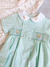 Load image into Gallery viewer, {Sutherby Boys} Signature Smocked Romper - Mint Plaid w/ Bunnies & Heirloom Carrots