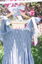 Load image into Gallery viewer, {Sutherby Girls} Smocked Dress ~ 'Bridie' ~ Embroidered Blue Bow Trellis
