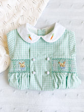 Load image into Gallery viewer, {Sutherby Boys} Signature Smocked Romper - Mint Plaid w/ Bunnies & Heirloom Carrots