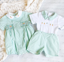 Load image into Gallery viewer, {Sutherby Boys} Signature Smocked Romper - Mint Plaid w/ Bunnies & Heirloom Carrots
