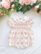 Load image into Gallery viewer, {Sutherby Girls} Signature Smocked Romper ~ Pink Bow Trellis