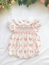 Load image into Gallery viewer, {Sutherby Girls} Signature Smocked Romper ~ Pink Bow Trellis