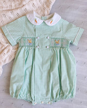 Load image into Gallery viewer, {Sutherby Boys} Signature Smocked Romper - Mint Plaid w/ Bunnies & Heirloom Carrots