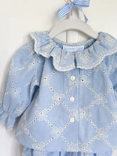 Load image into Gallery viewer, {Sutherby Girls} Embroidered Blue Trellis Bow 2pc Blouse & Bloomer Set
