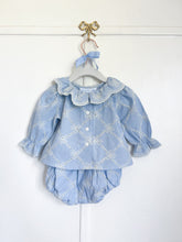 Load image into Gallery viewer, {Sutherby Girls} Embroidered Blue Trellis Bow 2pc Blouse & Bloomer Set