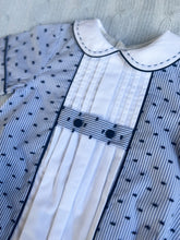 Load image into Gallery viewer, The Pleated Romper ~ Navy Striped Swiss Dot