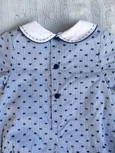 Load image into Gallery viewer, The Pleated Romper ~ Navy Striped Swiss Dot