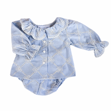 Load image into Gallery viewer, {Sutherby Girls} Embroidered Blue Trellis Bow 2pc Blouse & Bloomer Set