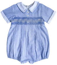 Load image into Gallery viewer, The Smocked Romper ~ Blue Flax Pinstripe Linen