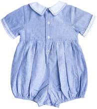 Load image into Gallery viewer, The Smocked Romper ~ Blue Flax Pinstripe Linen