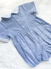 Load image into Gallery viewer, The Smocked Romper ~ Blue Flax Pinstripe Linen