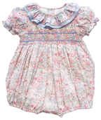 The Smocked Romper - Pink & Blue Bunny Floral