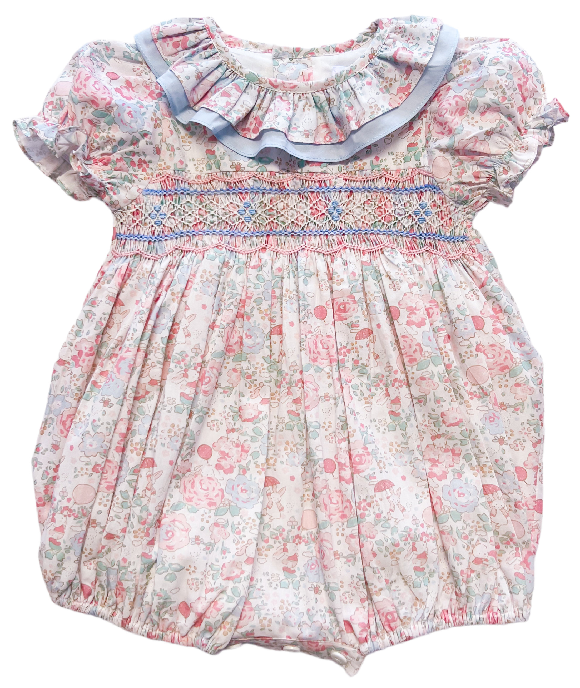 The Smocked Romper - Pink & Blue Bunny Floral