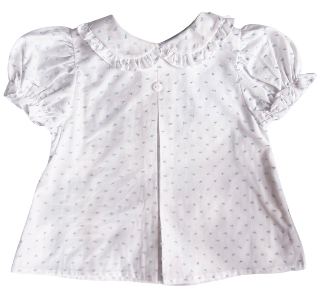 Signature Sutherby Blouse ~ White/Blue Swiss Dot ~ Short-Sleeved