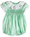 {Sutherby Girls} Signature Smocked Romper ~ Peppermint Green Striped & Candy Pink