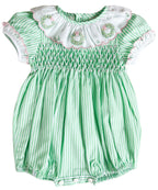 {Sutherby Girls} Signature Smocked Romper ~ Peppermint Green Striped & Candy Pink