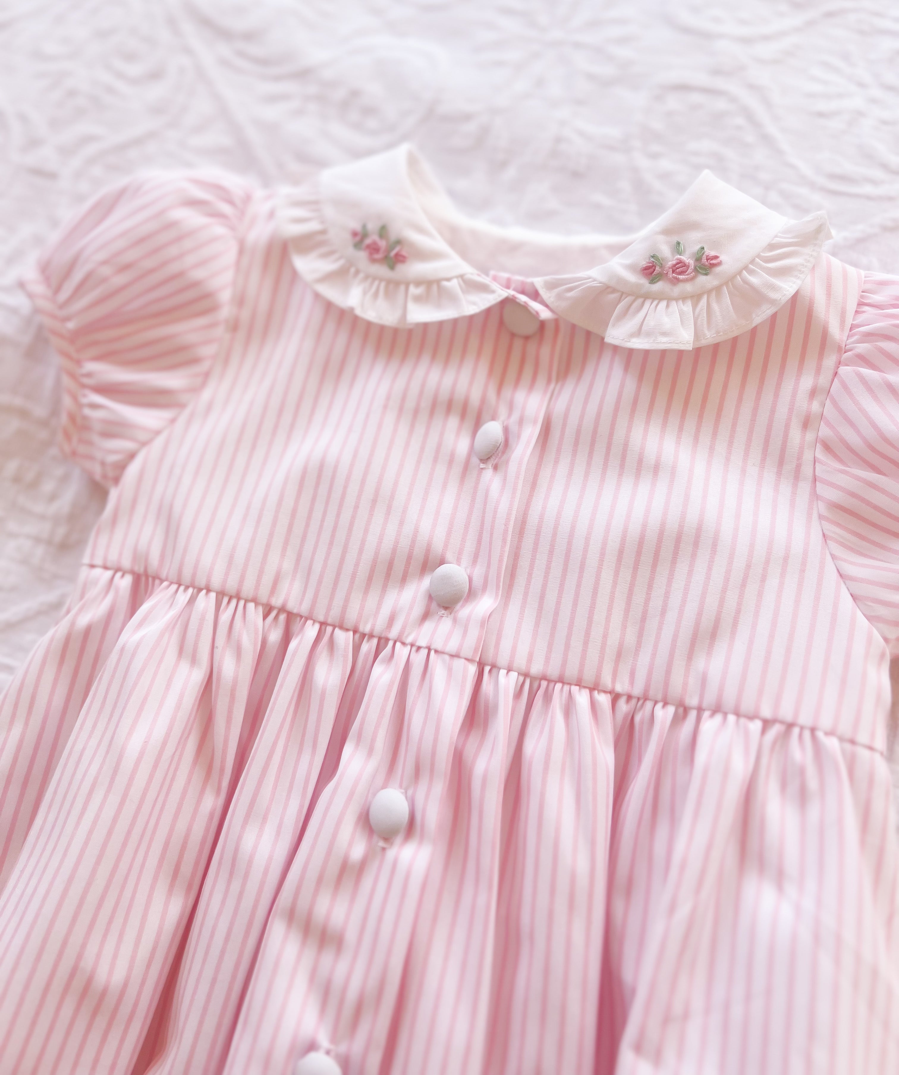 Pastel Pink Striped Embroidered Romper