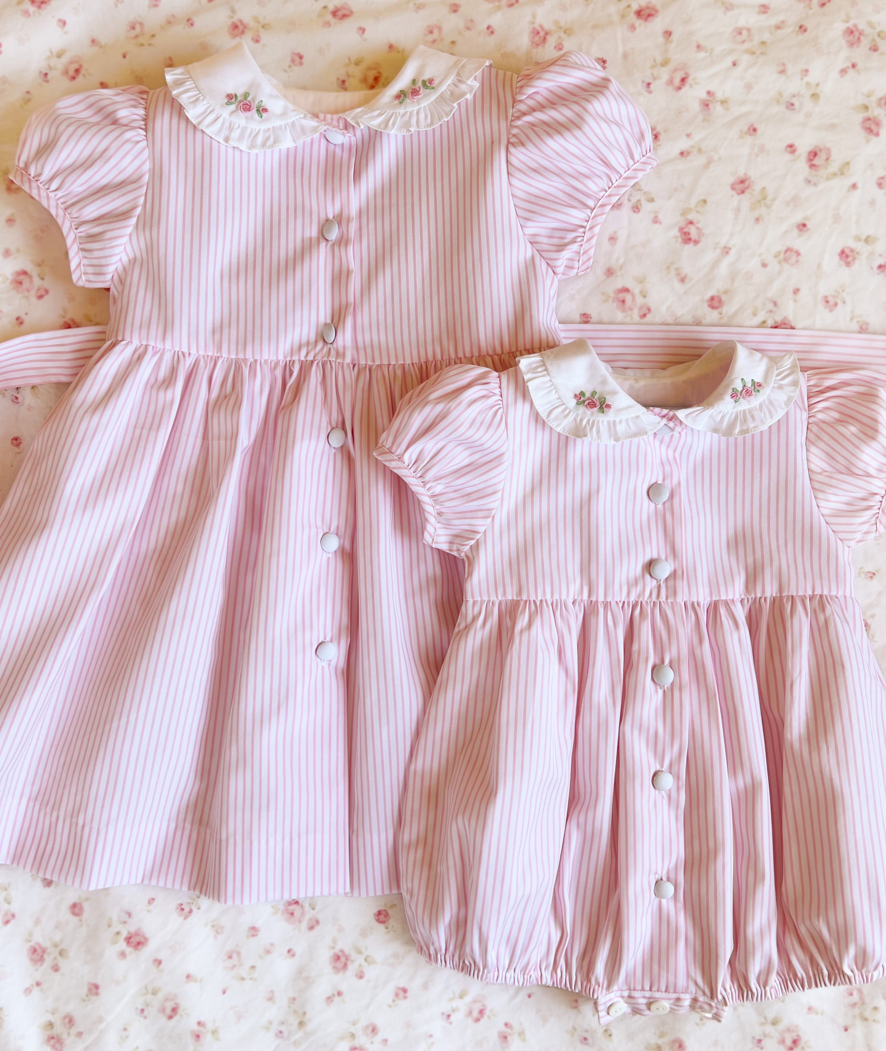 Pastel Pink Striped Embroidered Romper