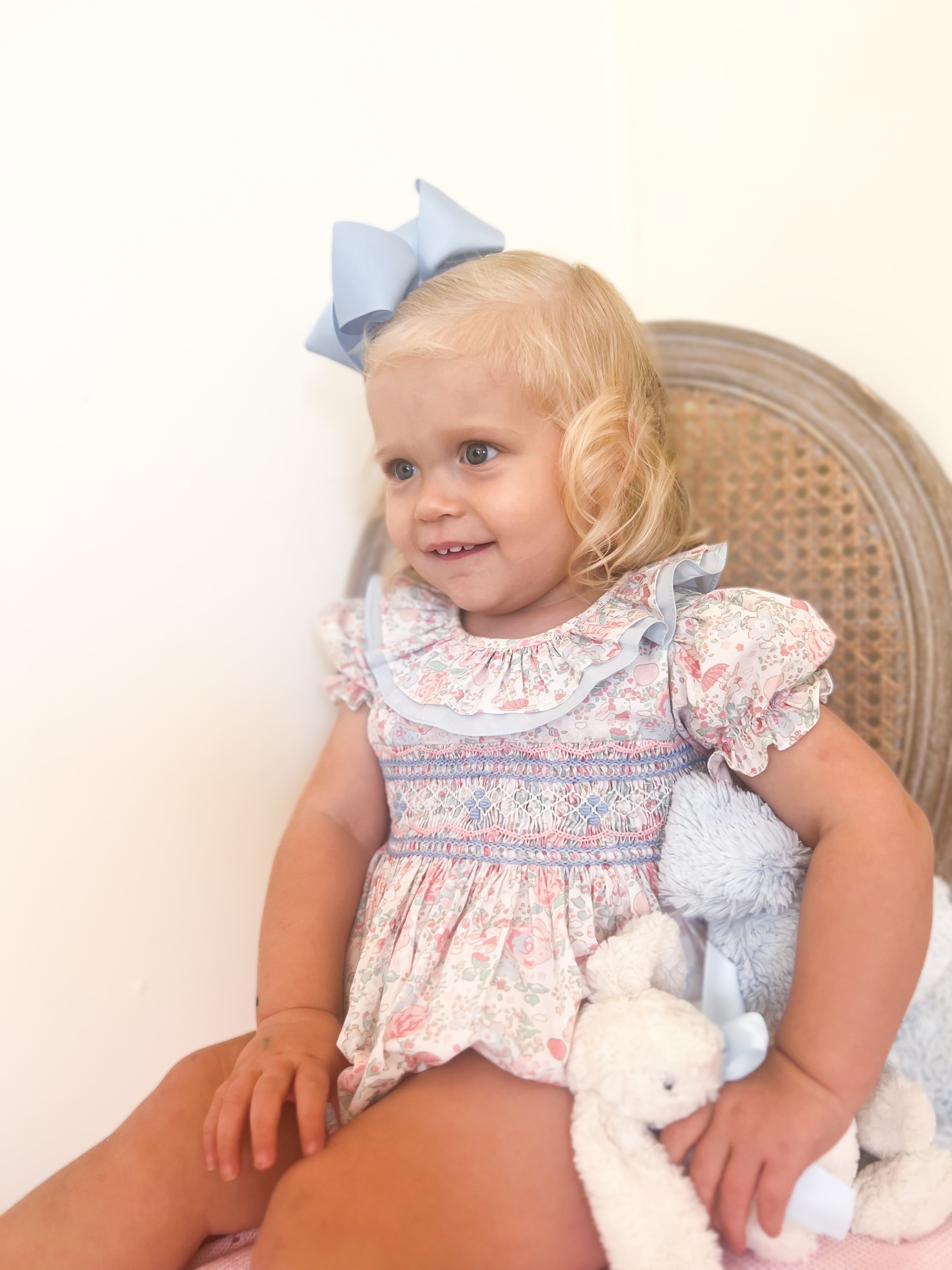 The Smocked Romper - Pink & Blue Bunny Floral