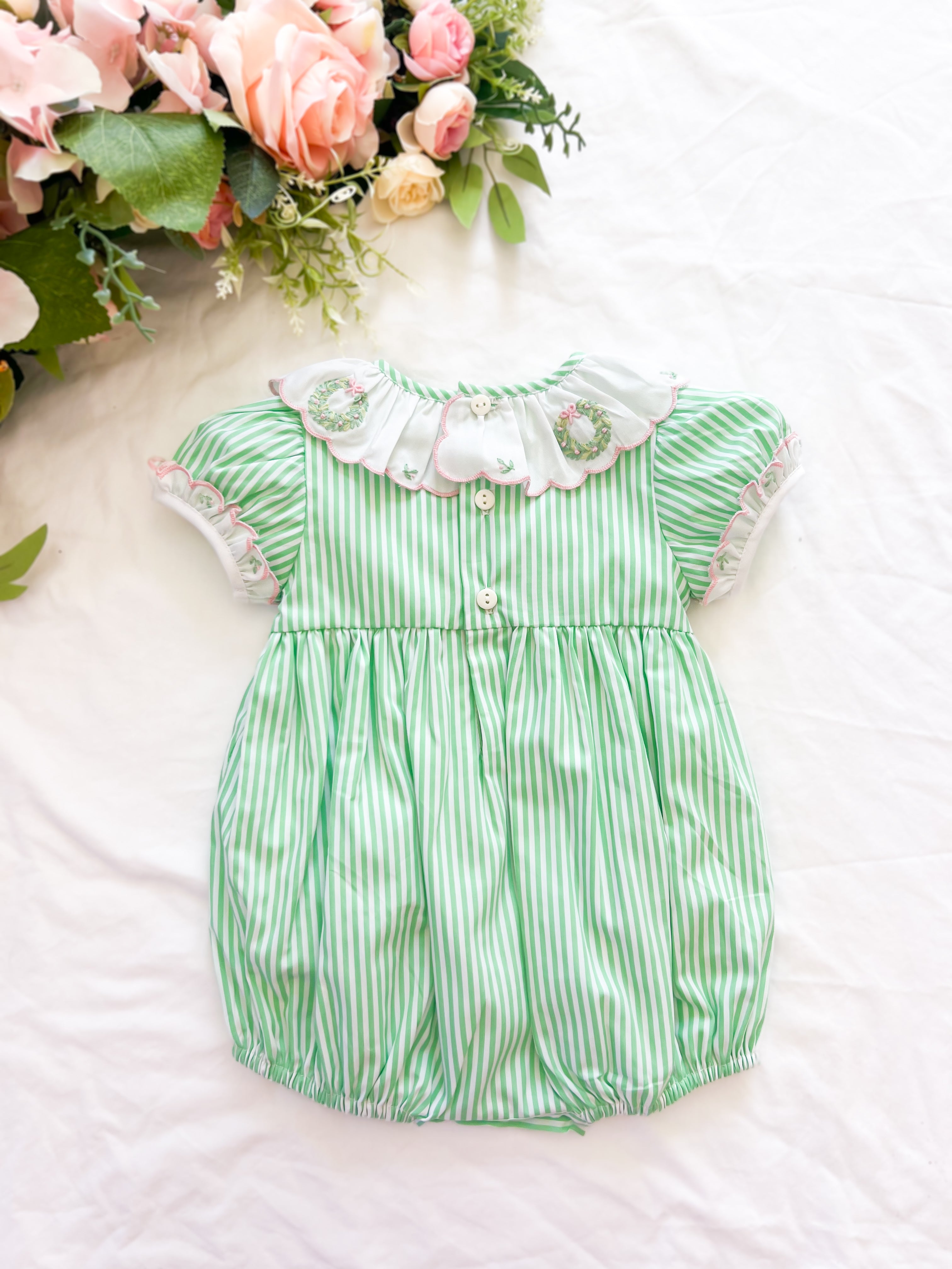 {Sutherby Girls} Signature Smocked Romper ~ Peppermint Green Striped & Candy Pink