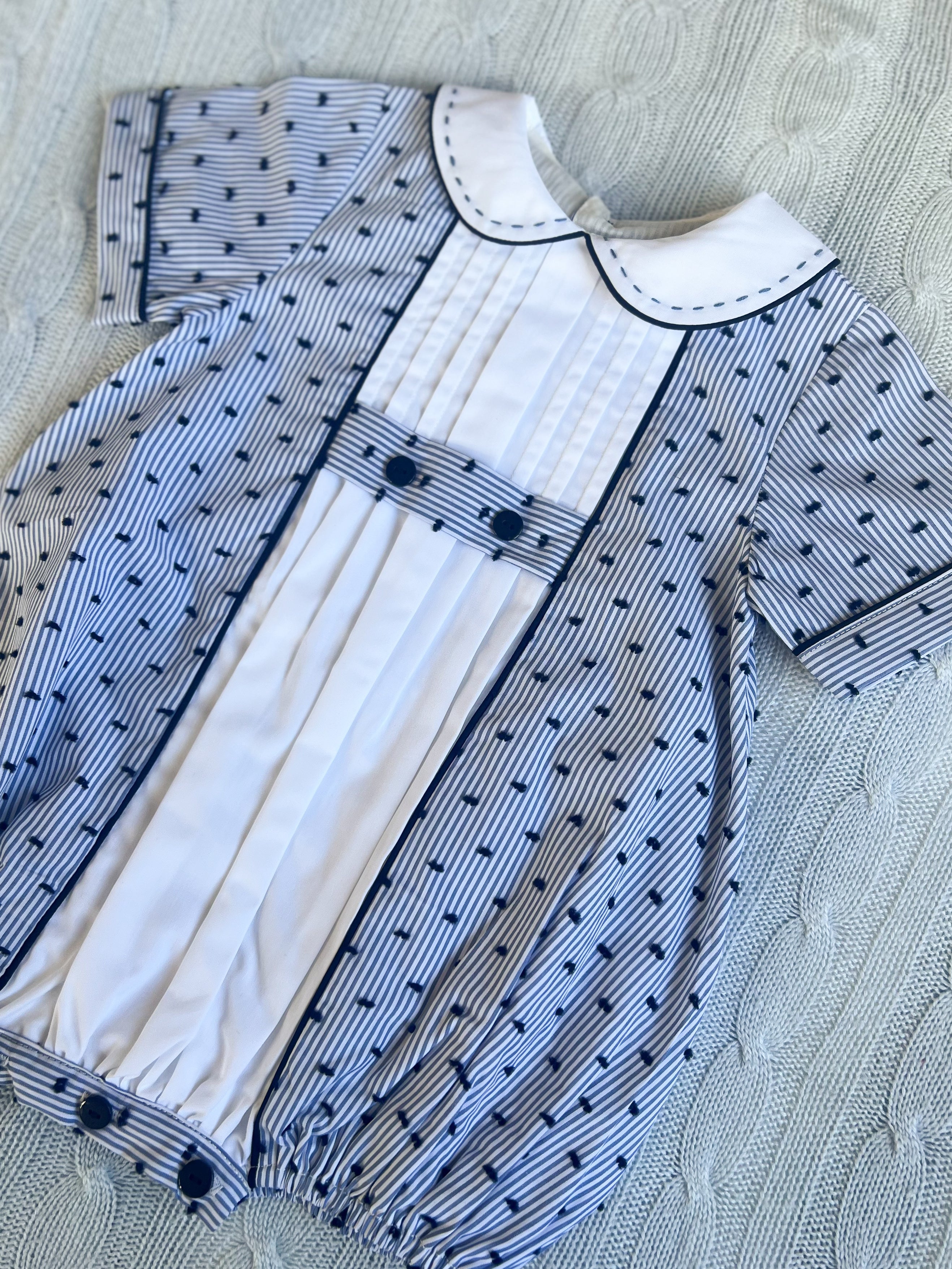 The Pleated Romper ~ Navy Striped Swiss Dot