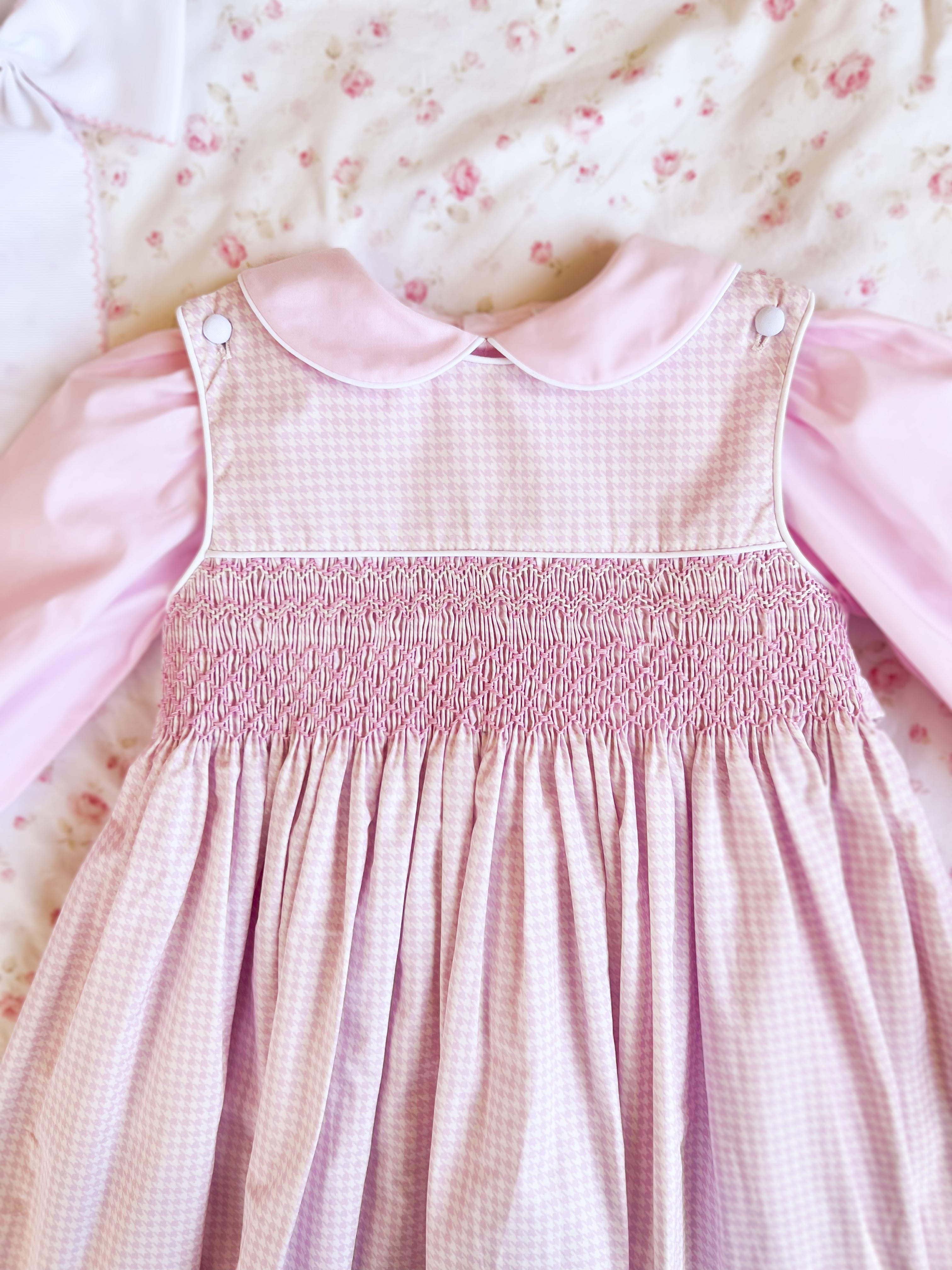 The Smocked Pinafore - Baby Pink Houndstooth