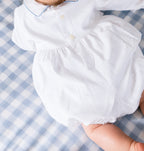 {Sutherby Boys} Belted Smocked Romper ~ Heirloom White/Pale Blue
