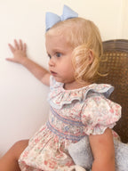The Smocked Romper - Pink & Blue Bunny Floral