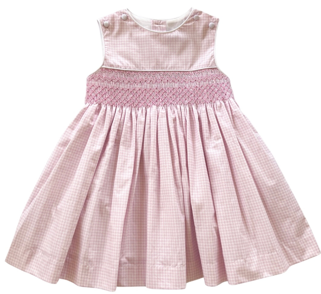 The Smocked Pinafore - Baby Pink Houndstooth