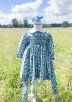 The Smocked Dress - Blue & Green Winter Floral