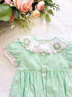 {Sutherby Girls} Signature Smocked Romper ~ Peppermint Green Striped & Candy Pink
