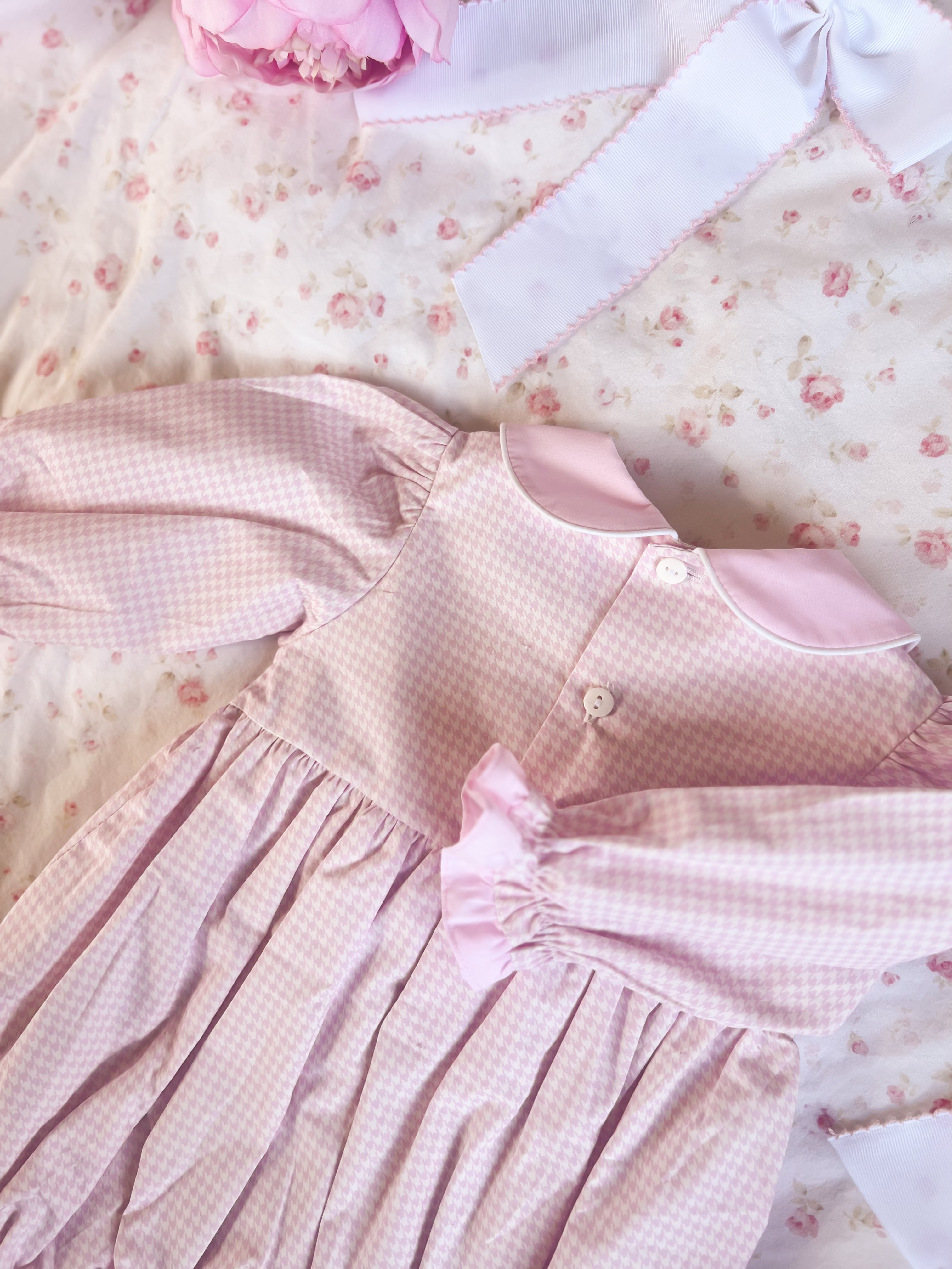 The Smocked Romper - Baby Pink Houndstooth