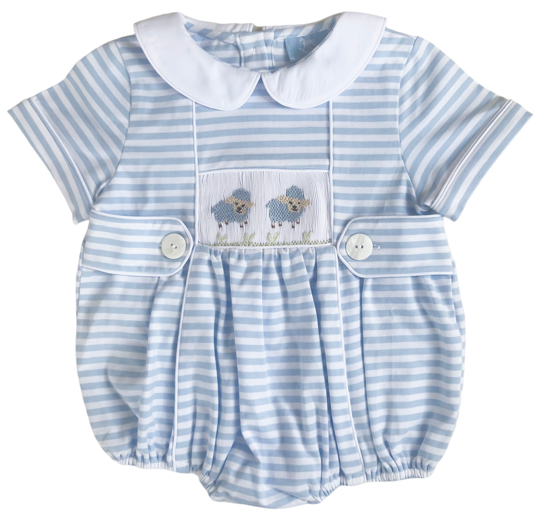 The Smocked Layette Romper - Blue Sheep
