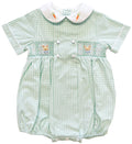 {Sutherby Boys} Signature Smocked Romper - Mint Plaid w/ Bunnies & Heirloom Carrots
