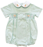 {Sutherby Boys} Signature Smocked Romper - Mint Plaid w/ Bunnies & Heirloom Carrots