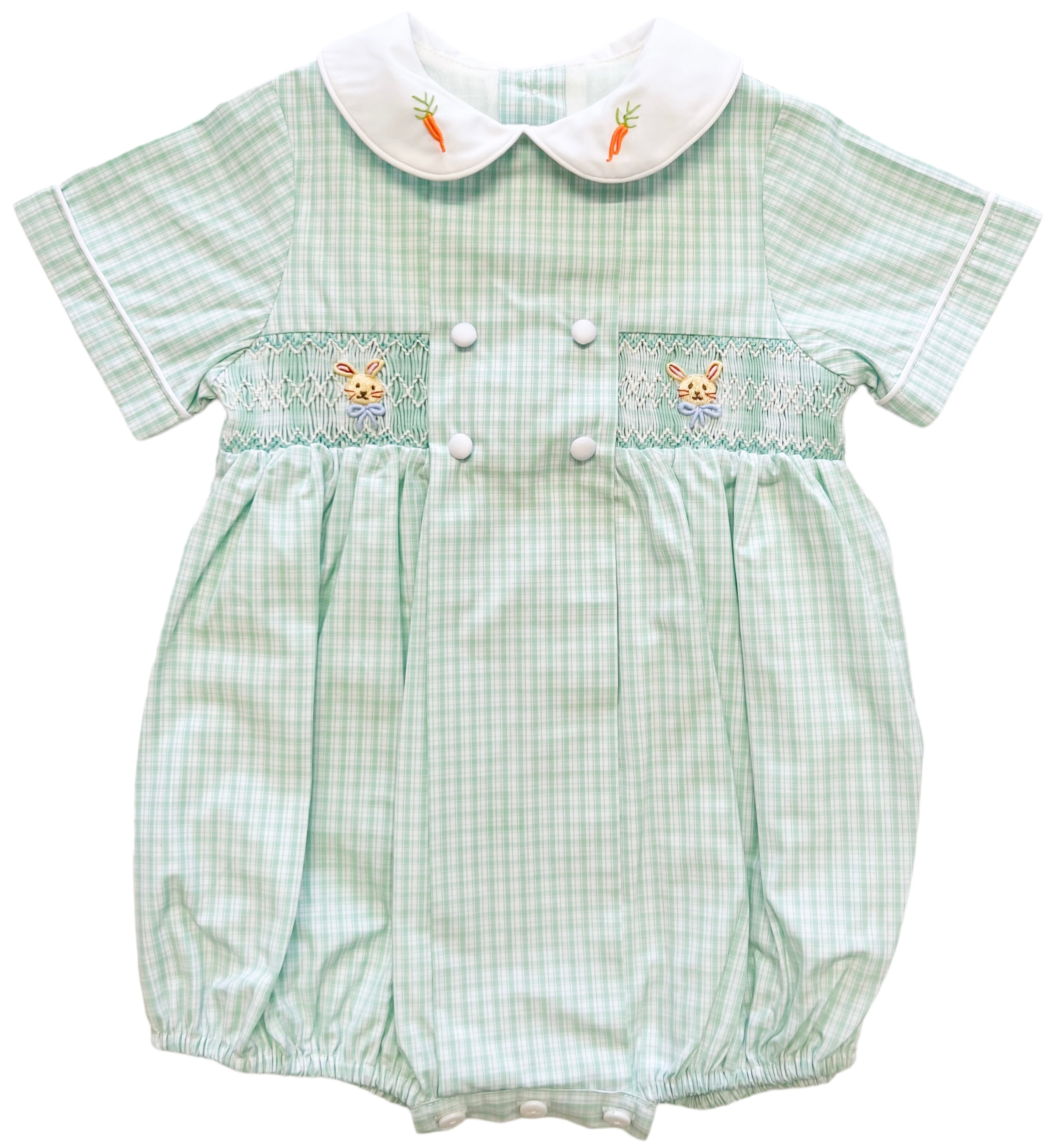 {Sutherby Boys} Signature Smocked Romper - Mint Plaid w/ Bunnies & Heirloom Carrots