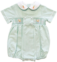 Load image into Gallery viewer, The Smocked Romper - Mint Plaid w/ Bunnies &amp; Heirloom Carrots
