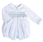 {Sutherby Boys} Belted Smocked Romper ~ Heirloom White/Pale Blue