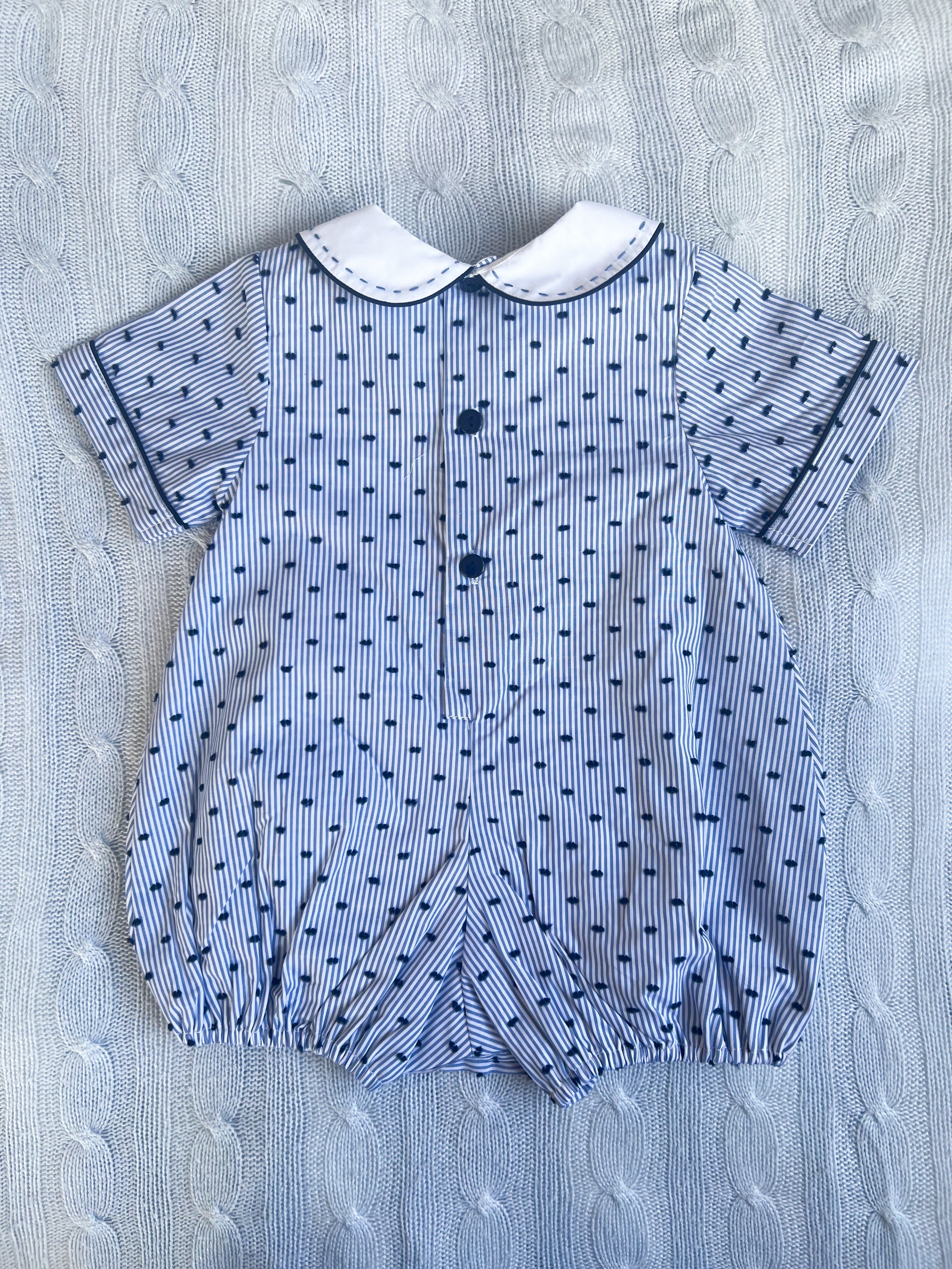 The Pleated Romper ~ Navy Striped Swiss Dot