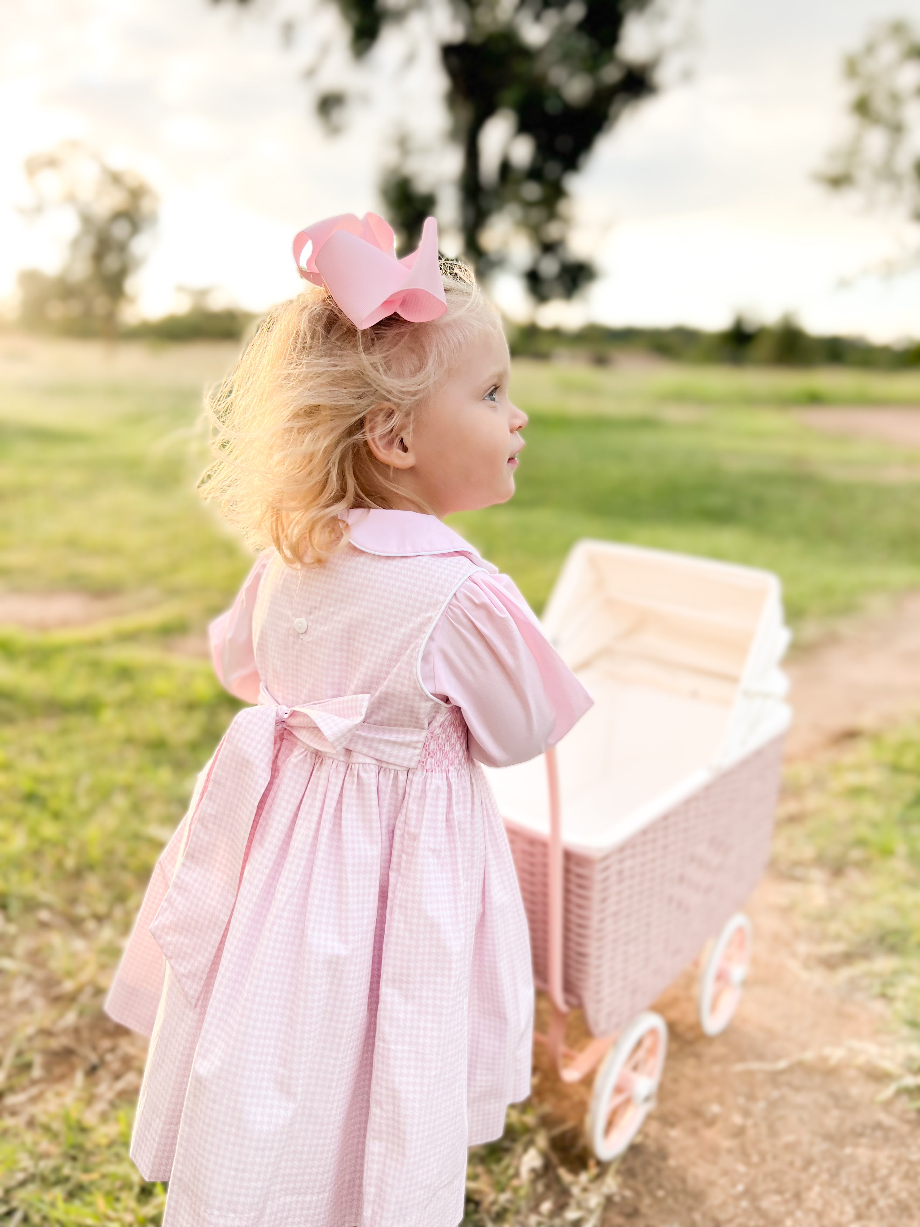 The Smocked Pinafore - Baby Pink Houndstooth